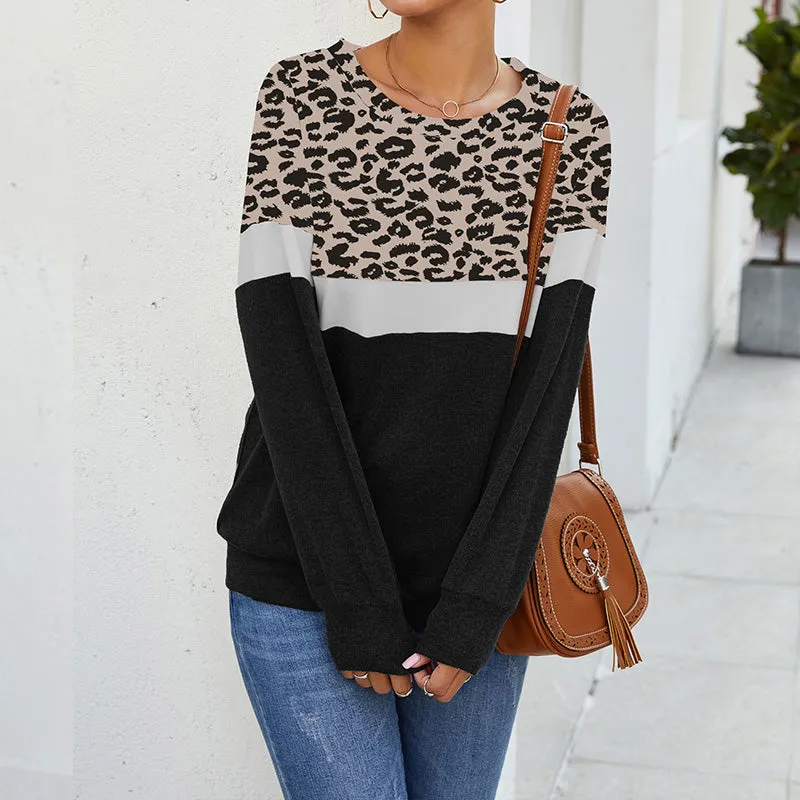Leopard Pullover Crew Neck Patchwork Sweatshirt