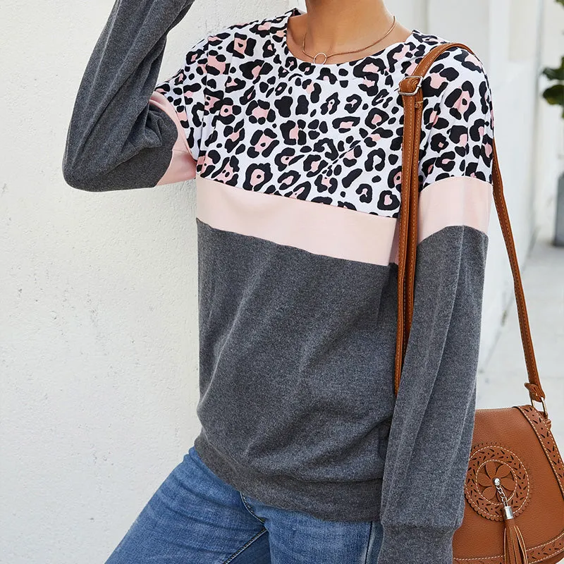 Leopard Pullover Crew Neck Patchwork Sweatshirt