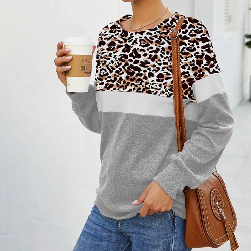Leopard Pullover Crew Neck Patchwork Sweatshirt