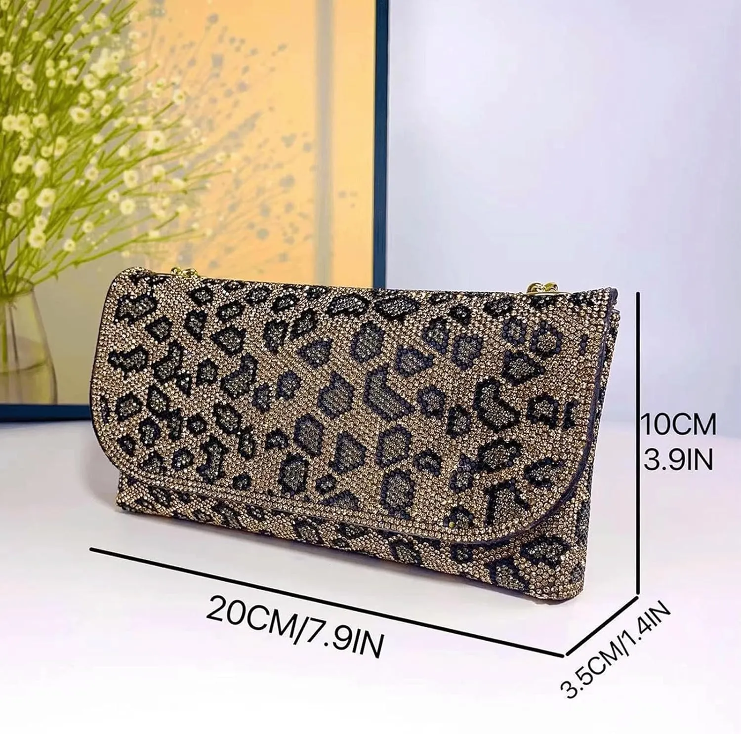 Leopard Purse Beaded Cheetah Print Scrunchie Handle Girls Crossbody Wedding Evening Bag with Gold Chain for Women
