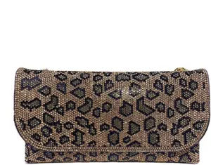 Leopard Purse Beaded Cheetah Print Scrunchie Handle Girls Crossbody Wedding Evening Bag with Gold Chain for Women