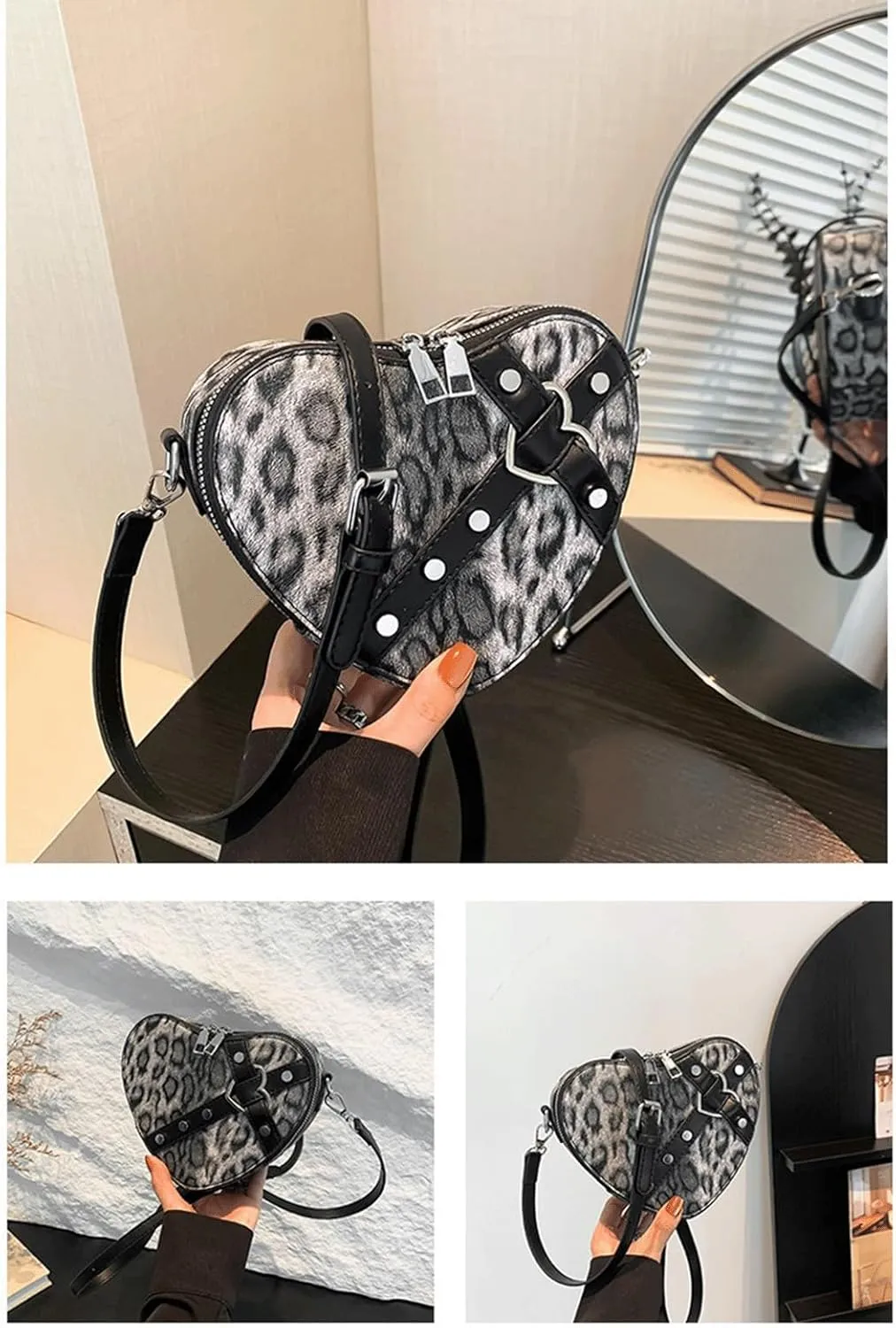 Leopard Purse Cheetah Print Heart Shape Crossbody Purses Vintage Y2K Studded Shoulder Bag for Girls Party