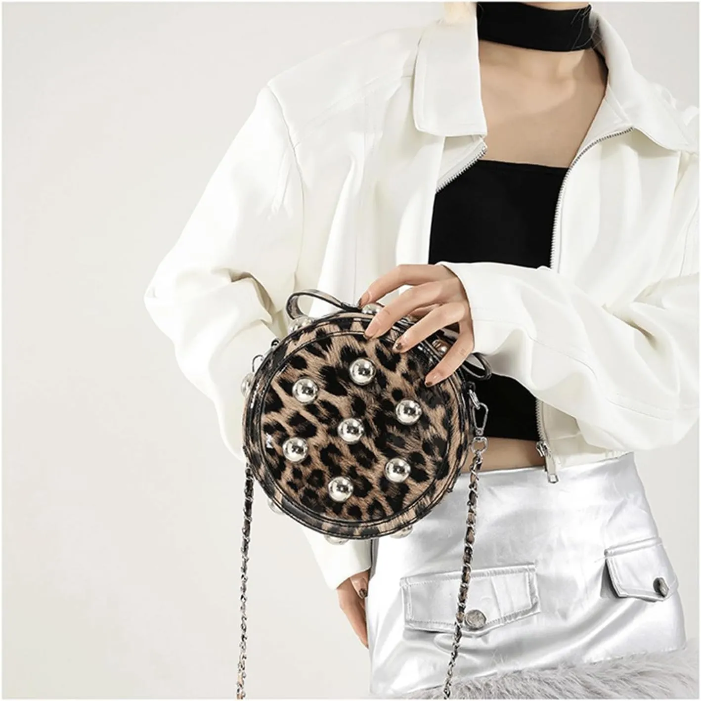 Leopard Purse Cheetah Print Round Shape Crossbody Purses Punk Y2K Studded Shoulder Bag for Girls Party