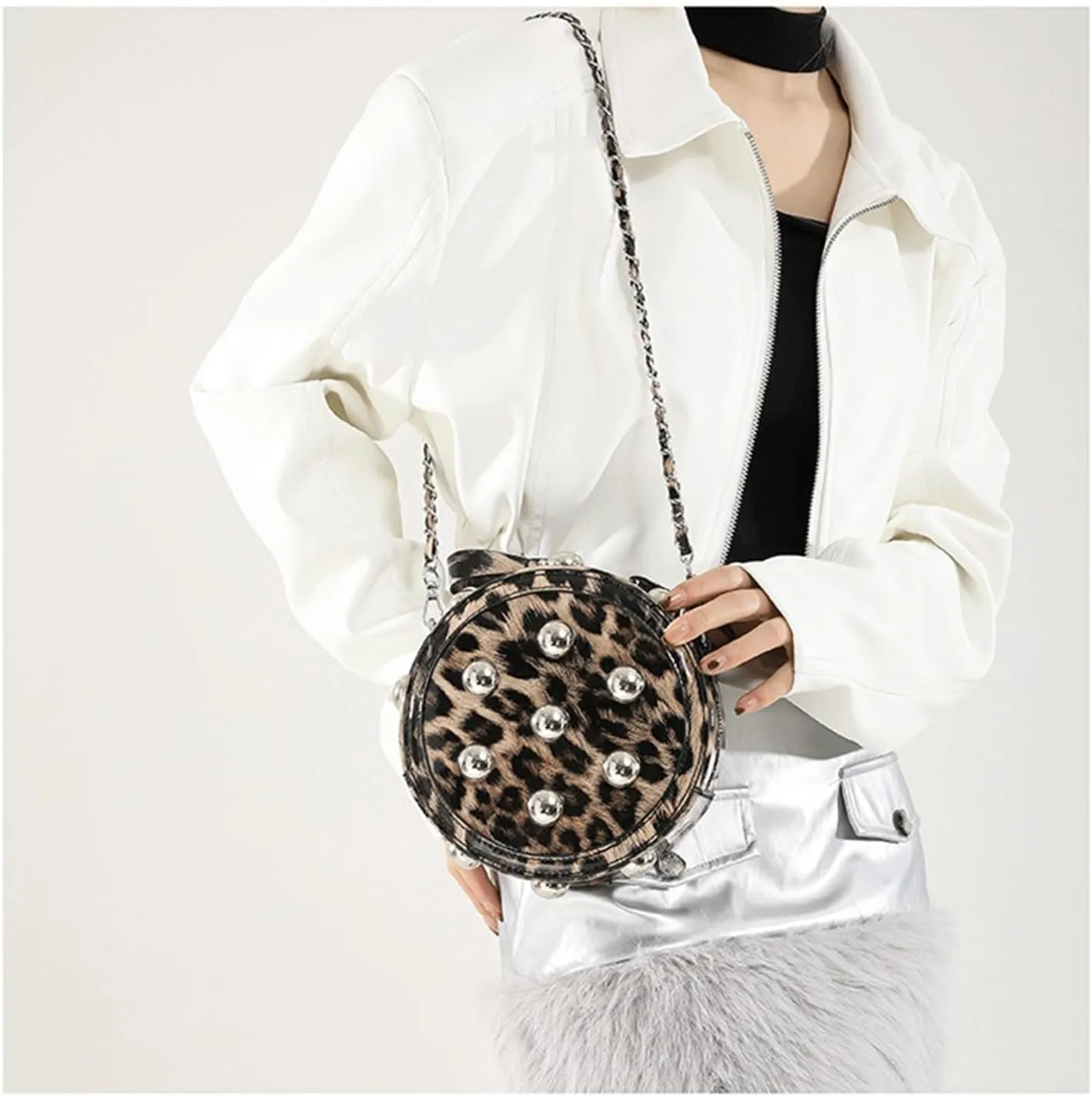 Leopard Purse Cheetah Print Round Shape Crossbody Purses Punk Y2K Studded Shoulder Bag for Girls Party