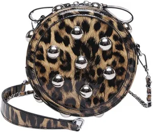 Leopard Purse Cheetah Print Round Shape Crossbody Purses Punk Y2K Studded Shoulder Bag for Girls Party