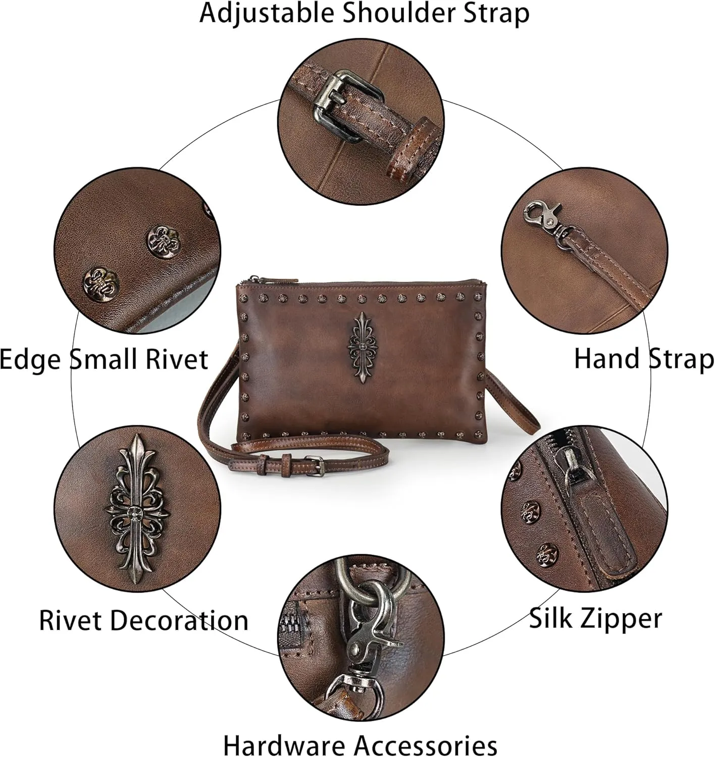 LETEULO Womens Crossbody Bag Leather Handmade Shoulder Bag Clutch Wristlet Handbags Purse