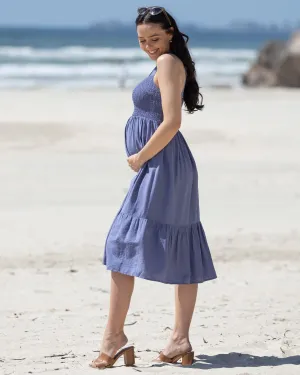 Lily Maternity Summer Shirred Blue Dress