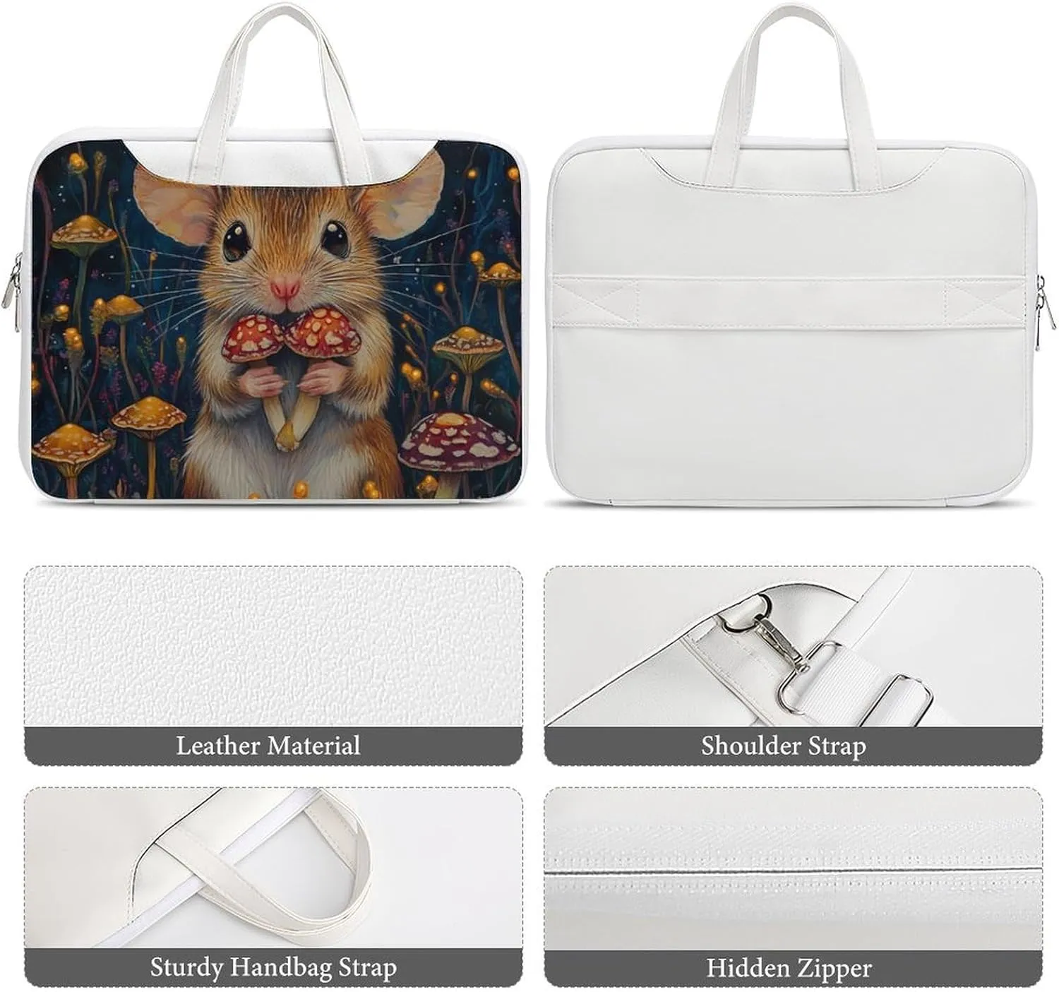 Little Mouse Holding Mushrooms Leather Bag Laptop Case Slim Water Resistant Computer Bags with Handle Briefcase for Work