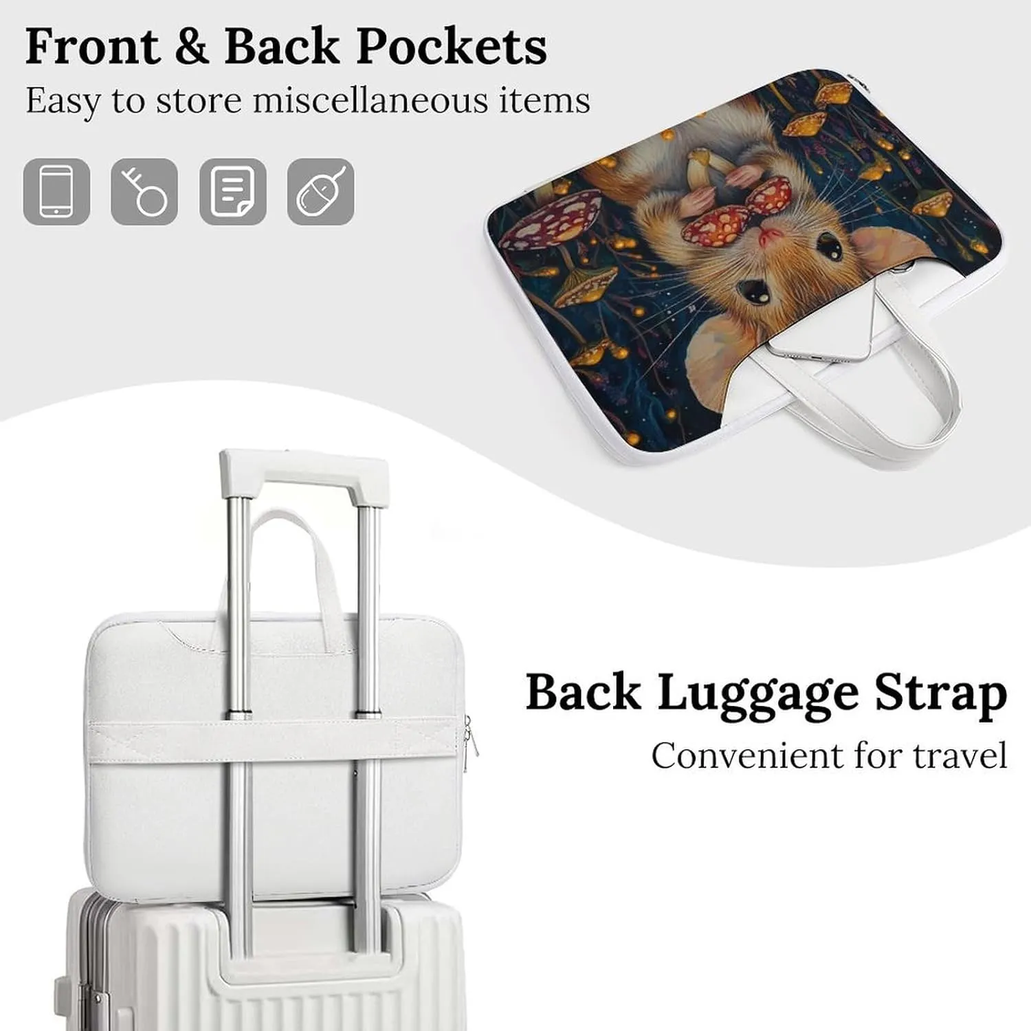 Little Mouse Holding Mushrooms Leather Bag Laptop Case Slim Water Resistant Computer Bags with Handle Briefcase for Work