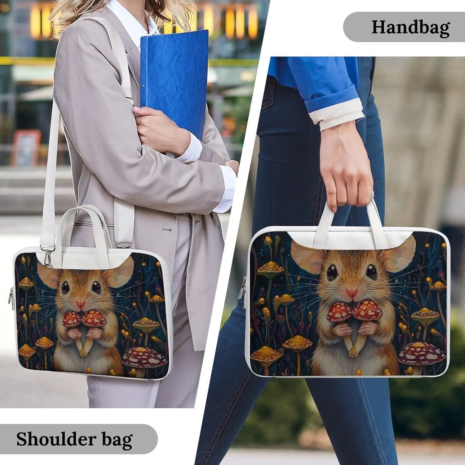Little Mouse Holding Mushrooms Leather Bag Laptop Case Slim Water Resistant Computer Bags with Handle Briefcase for Work