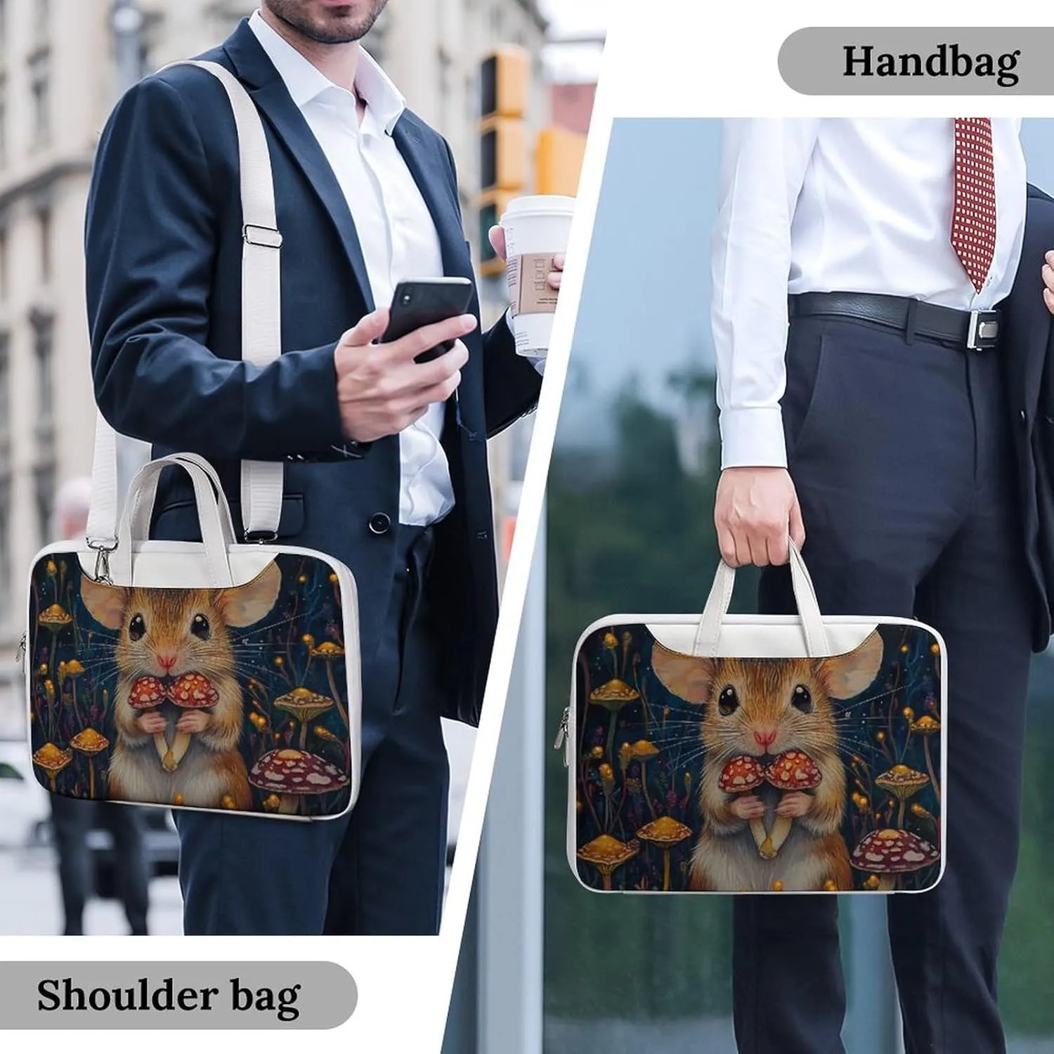 Little Mouse Holding Mushrooms Leather Bag Laptop Case Slim Water Resistant Computer Bags with Handle Briefcase for Work