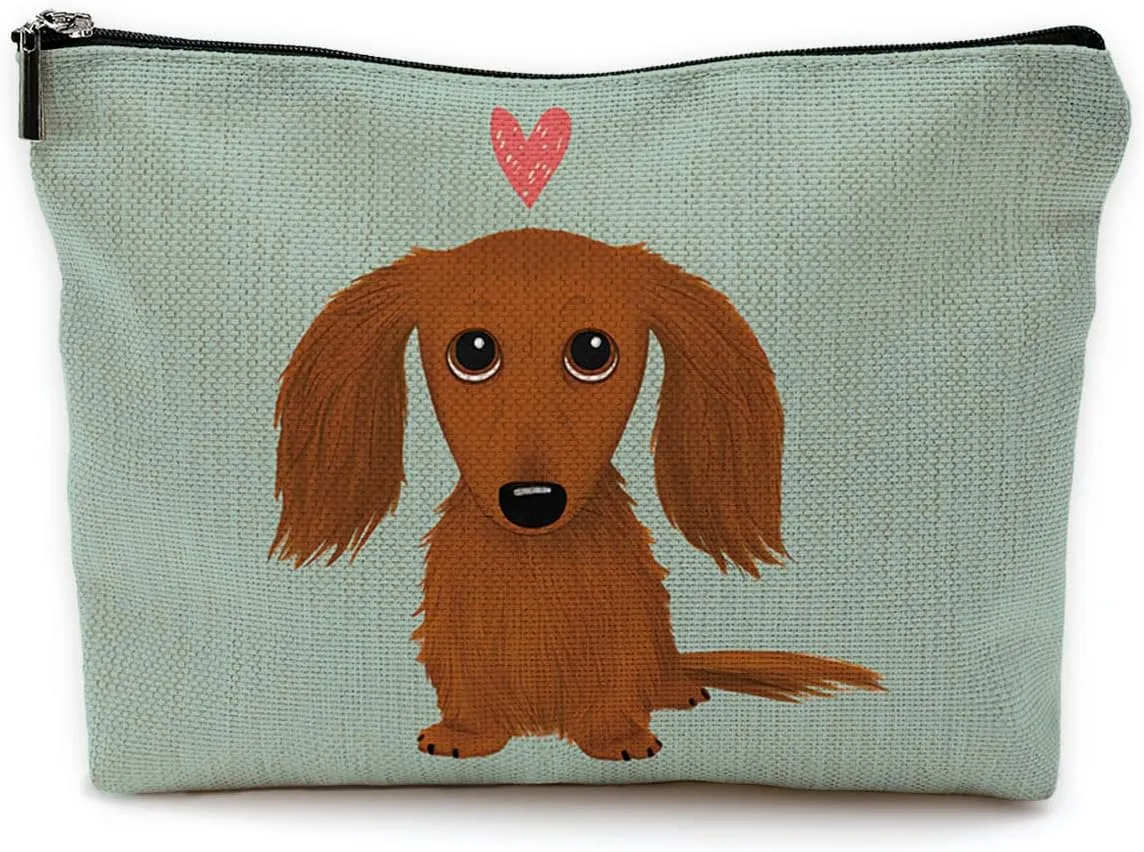 Long-Haired Dachshund Cartoon Wiener Dog Heart Makeup Bag Travel Cosmetic Bags,Funny Dachshund Puppy Dog Cosmetic Makeup Bags With Zipper Pouch Travel Toiletry Case,Dachshun,Green Cosmetic Bag