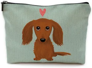 Long-Haired Dachshund Cartoon Wiener Dog Heart Makeup Bag Travel Cosmetic Bags,Funny Dachshund Puppy Dog Cosmetic Makeup Bags With Zipper Pouch Travel Toiletry Case,Dachshun,Green Cosmetic Bag