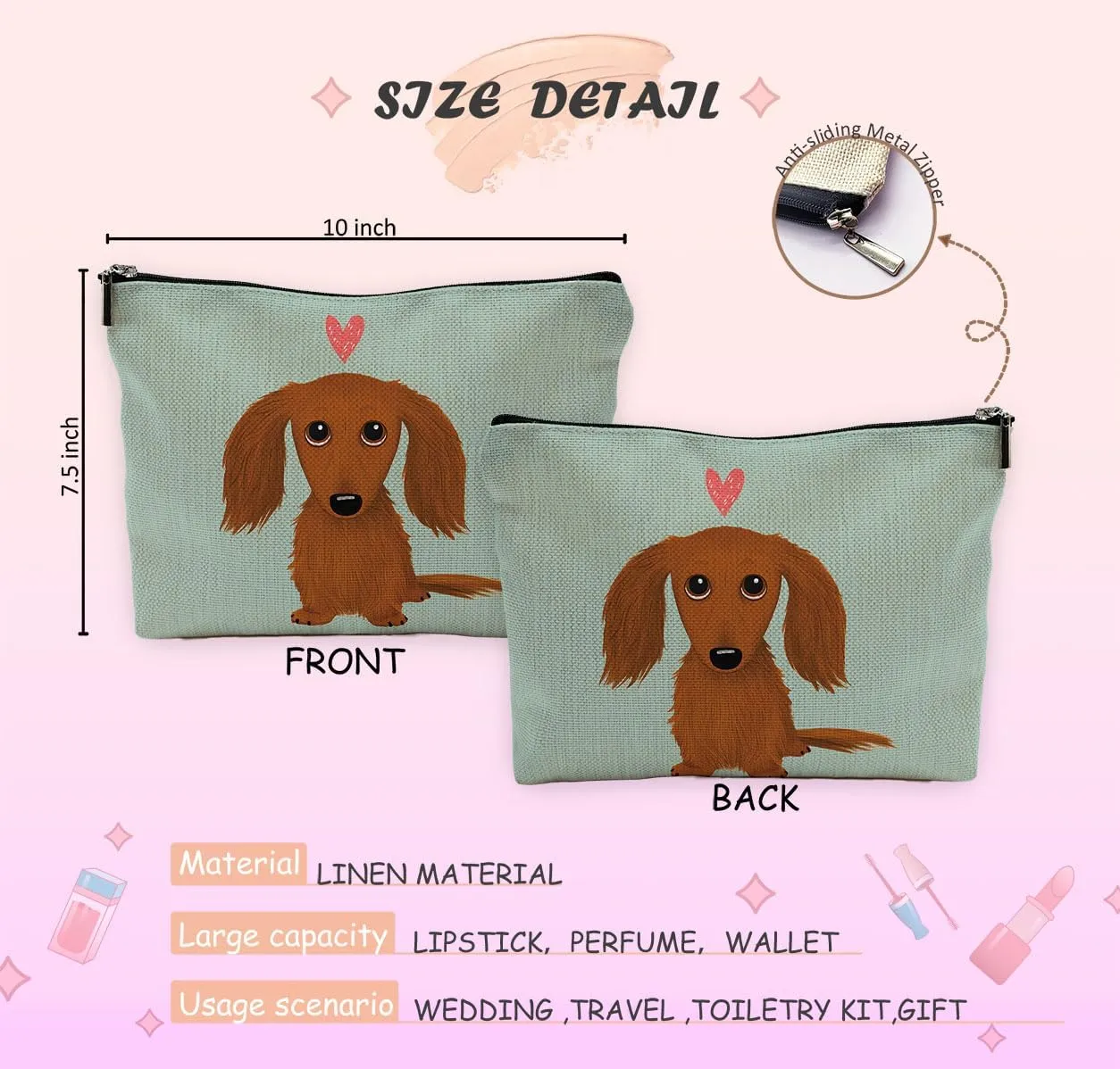 Long-Haired Dachshund Cartoon Wiener Dog Heart Makeup Bag Travel Cosmetic Bags,Funny Dachshund Puppy Dog Cosmetic Makeup Bags With Zipper Pouch Travel Toiletry Case,Dachshun,Green Cosmetic Bag