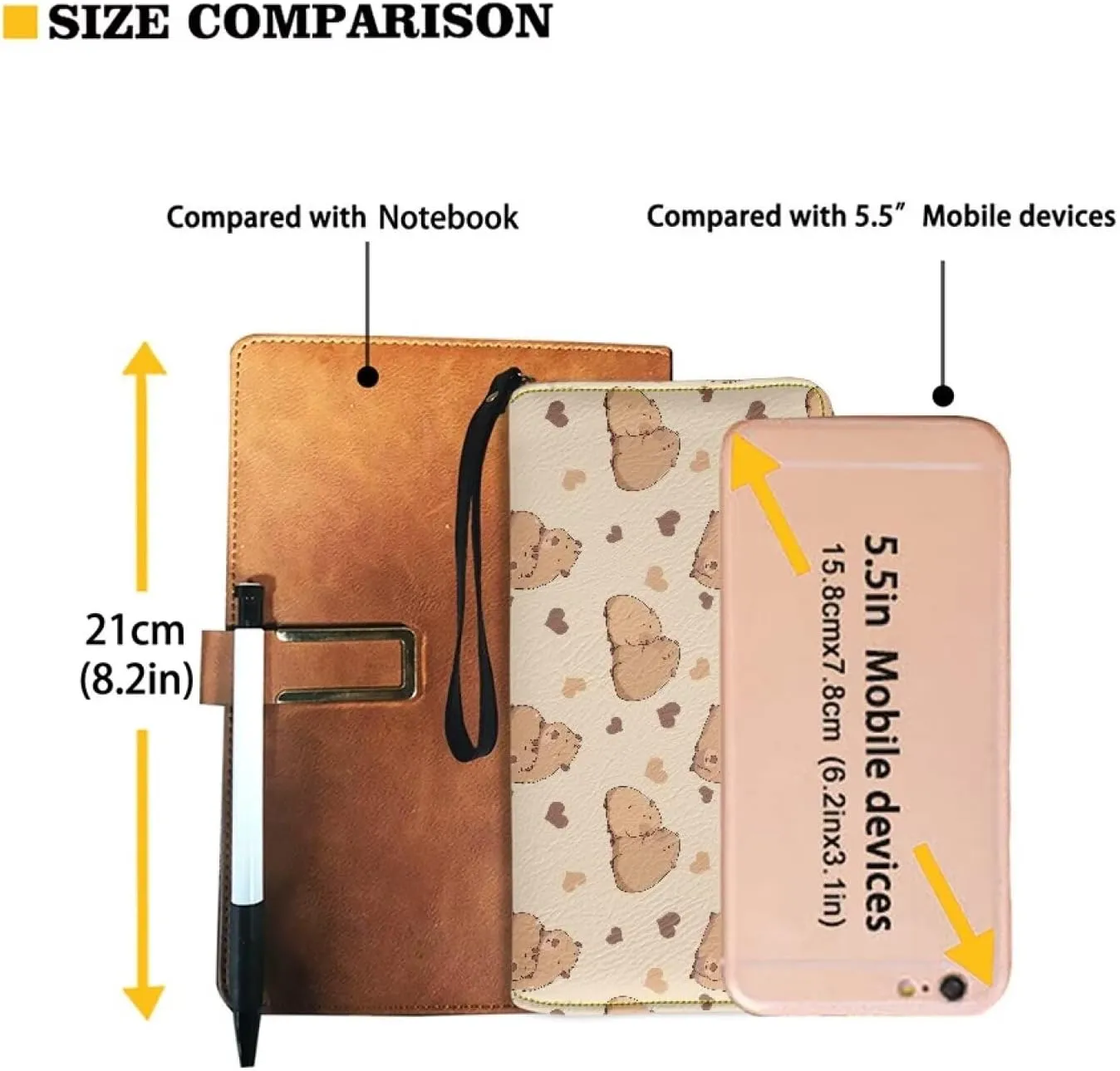 Long Wallet for Women Cute Capybara Love Heart Print Large Capacity Travel Shopping Money Wallet with Wristlet Strap Card Holder Organizer Metal Zipper Long Purse for Cash,Coin,Bill