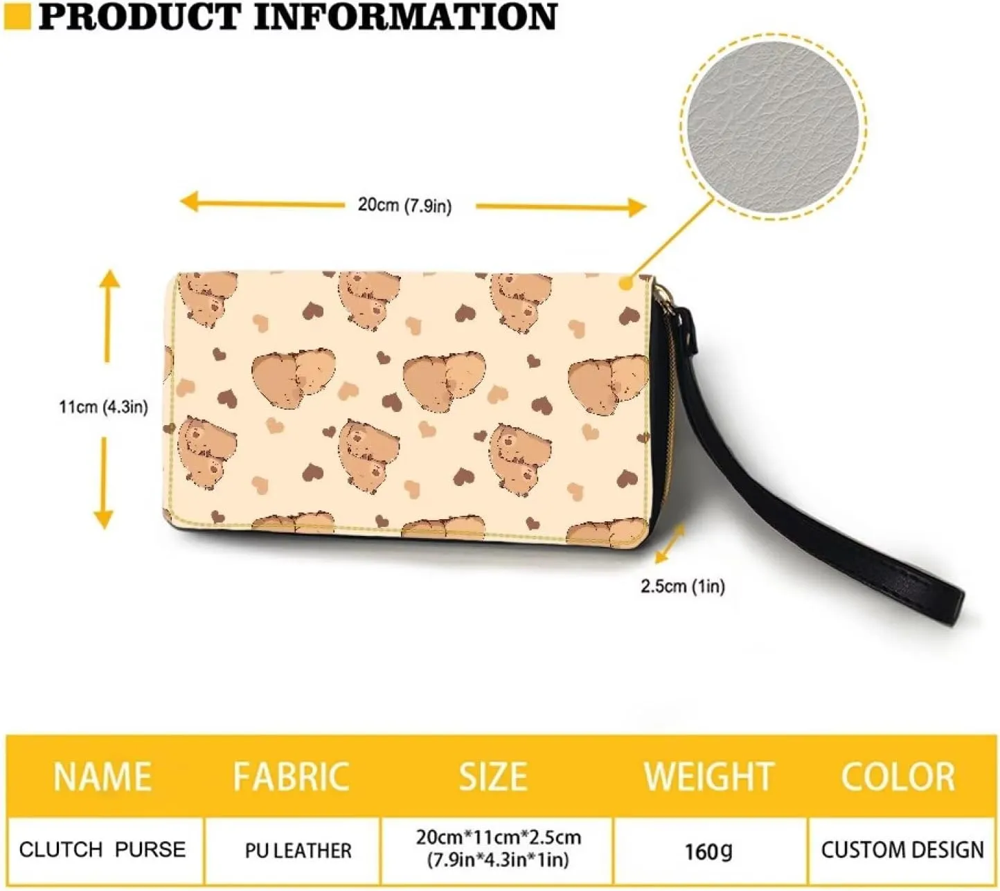 Long Wallet for Women Cute Capybara Love Heart Print Large Capacity Travel Shopping Money Wallet with Wristlet Strap Card Holder Organizer Metal Zipper Long Purse for Cash,Coin,Bill