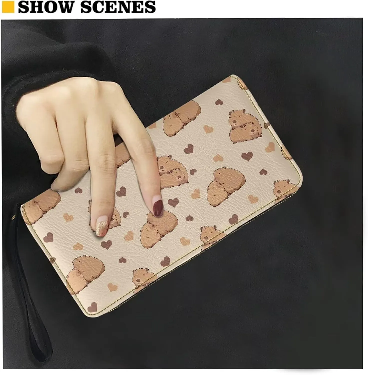 Long Wallet for Women Cute Capybara Love Heart Print Large Capacity Travel Shopping Money Wallet with Wristlet Strap Card Holder Organizer Metal Zipper Long Purse for Cash,Coin,Bill