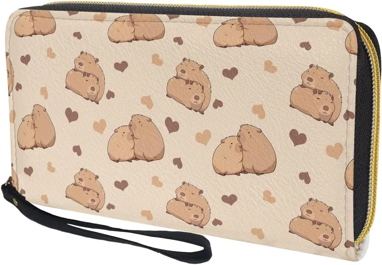 Long Wallet for Women Cute Capybara Love Heart Print Large Capacity Travel Shopping Money Wallet with Wristlet Strap Card Holder Organizer Metal Zipper Long Purse for Cash,Coin,Bill
