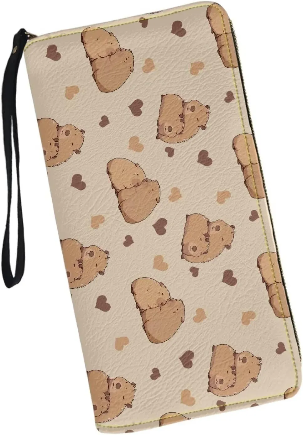 Long Wallet for Women Cute Capybara Love Heart Print Large Capacity Travel Shopping Money Wallet with Wristlet Strap Card Holder Organizer Metal Zipper Long Purse for Cash,Coin,Bill