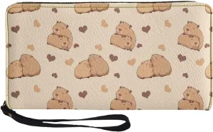 Long Wallet for Women Cute Capybara Love Heart Print Large Capacity Travel Shopping Money Wallet with Wristlet Strap Card Holder Organizer Metal Zipper Long Purse for Cash,Coin,Bill