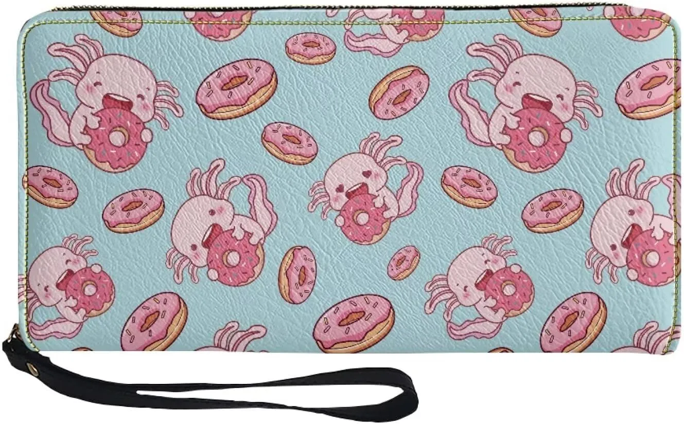 Long Wallet for Women with Wristlet Cute Pink Donut Axolotl Print Large Capacity Phone Holder Ladies Long Wallet for Shopping,Dating,Travel Zip Around Clutch Purse Card,Cash,Coin Pocket