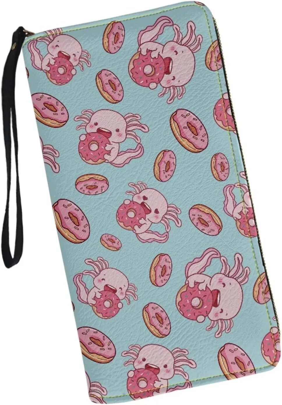 Long Wallet for Women with Wristlet Cute Pink Donut Axolotl Print Large Capacity Phone Holder Ladies Long Wallet for Shopping,Dating,Travel Zip Around Clutch Purse Card,Cash,Coin Pocket