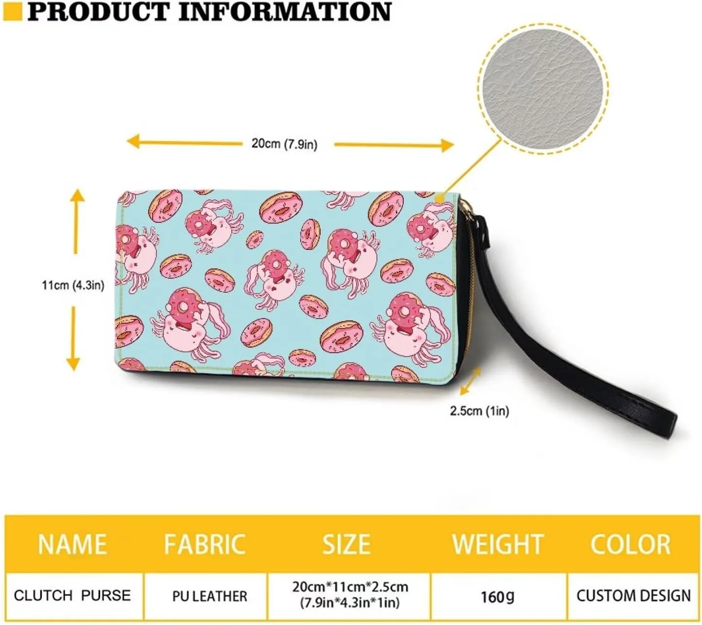 Long Wallet for Women with Wristlet Cute Pink Donut Axolotl Print Large Capacity Phone Holder Ladies Long Wallet for Shopping,Dating,Travel Zip Around Clutch Purse Card,Cash,Coin Pocket