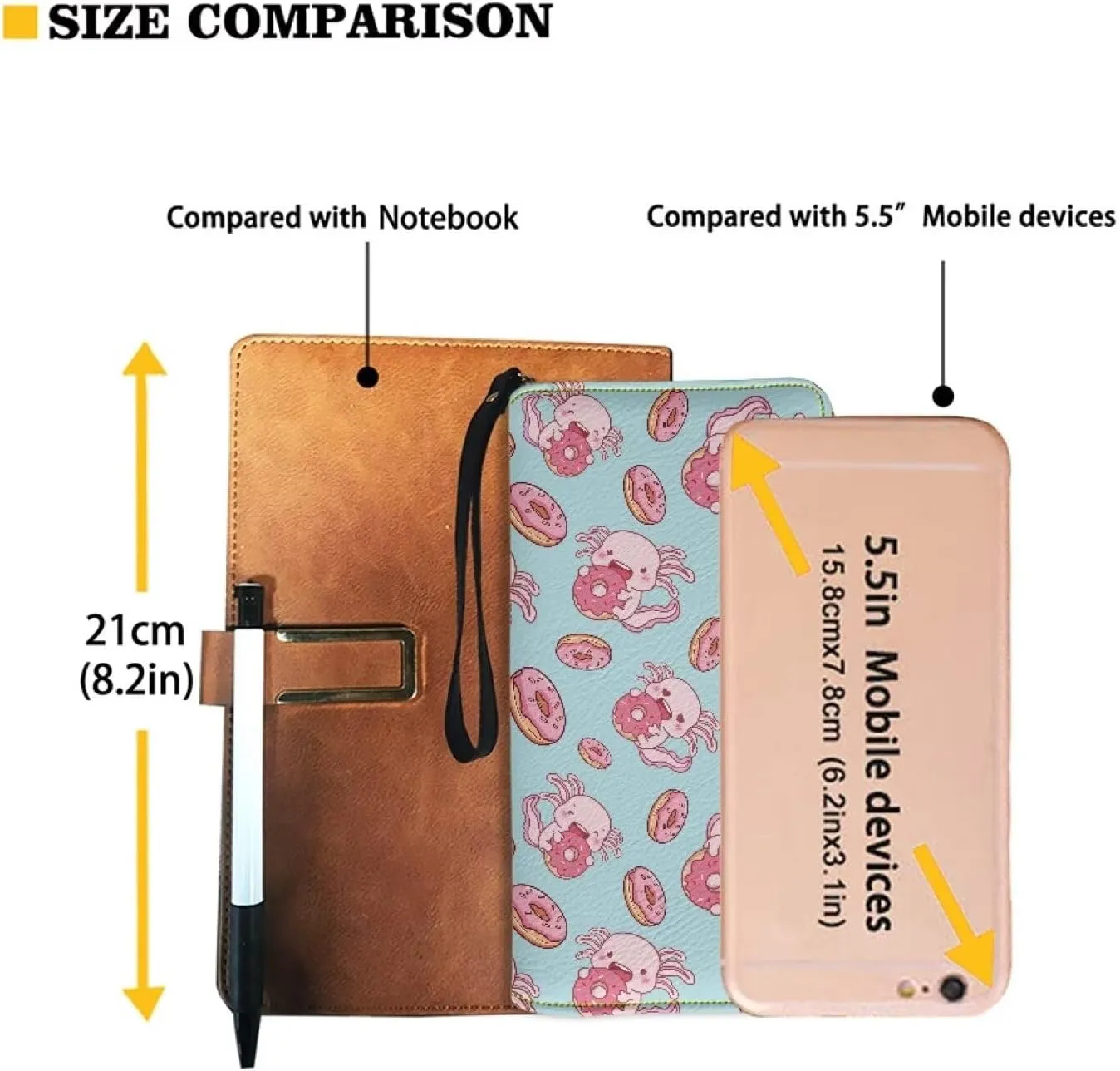 Long Wallet for Women with Wristlet Cute Pink Donut Axolotl Print Large Capacity Phone Holder Ladies Long Wallet for Shopping,Dating,Travel Zip Around Clutch Purse Card,Cash,Coin Pocket