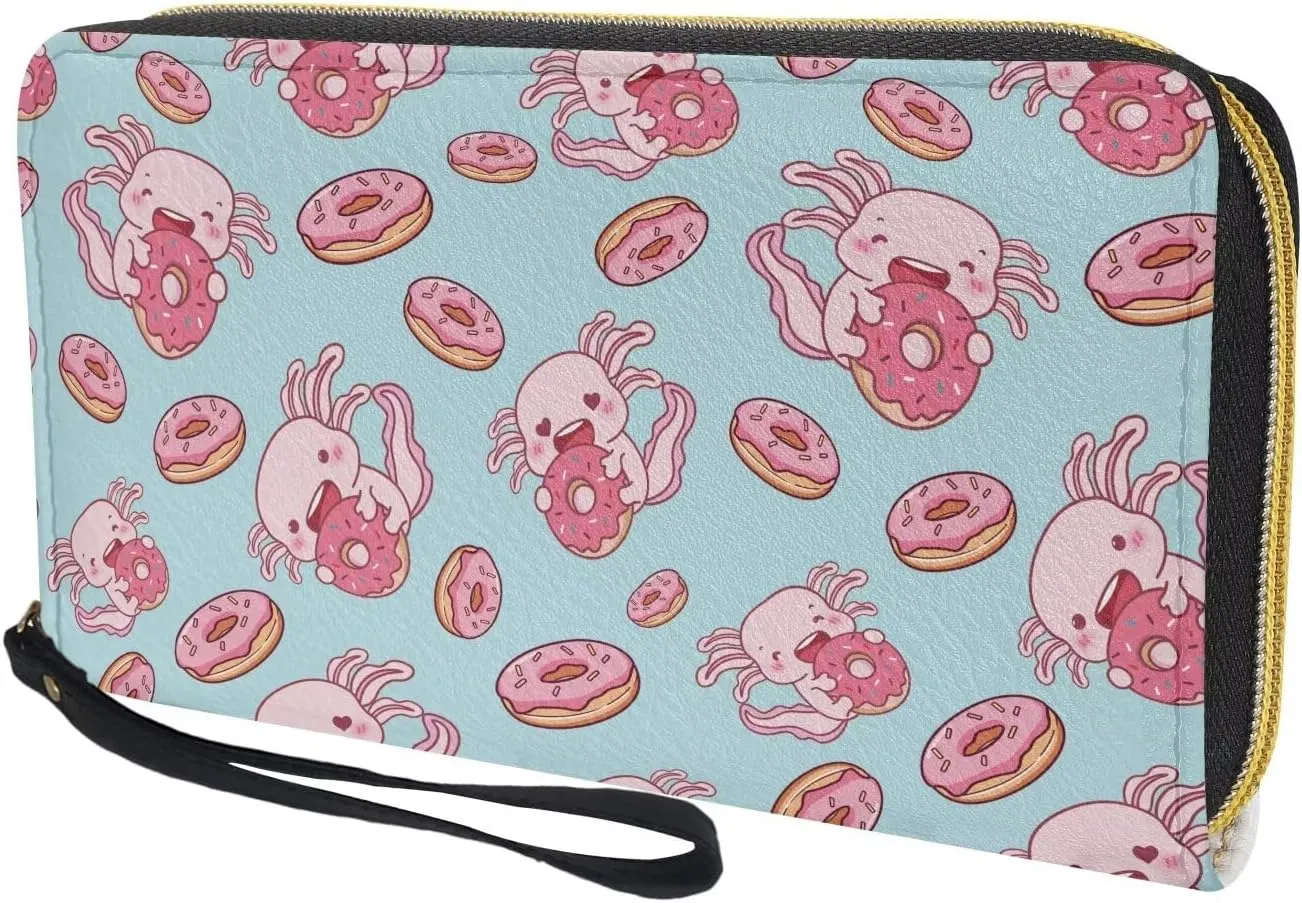 Long Wallet for Women with Wristlet Cute Pink Donut Axolotl Print Large Capacity Phone Holder Ladies Long Wallet for Shopping,Dating,Travel Zip Around Clutch Purse Card,Cash,Coin Pocket