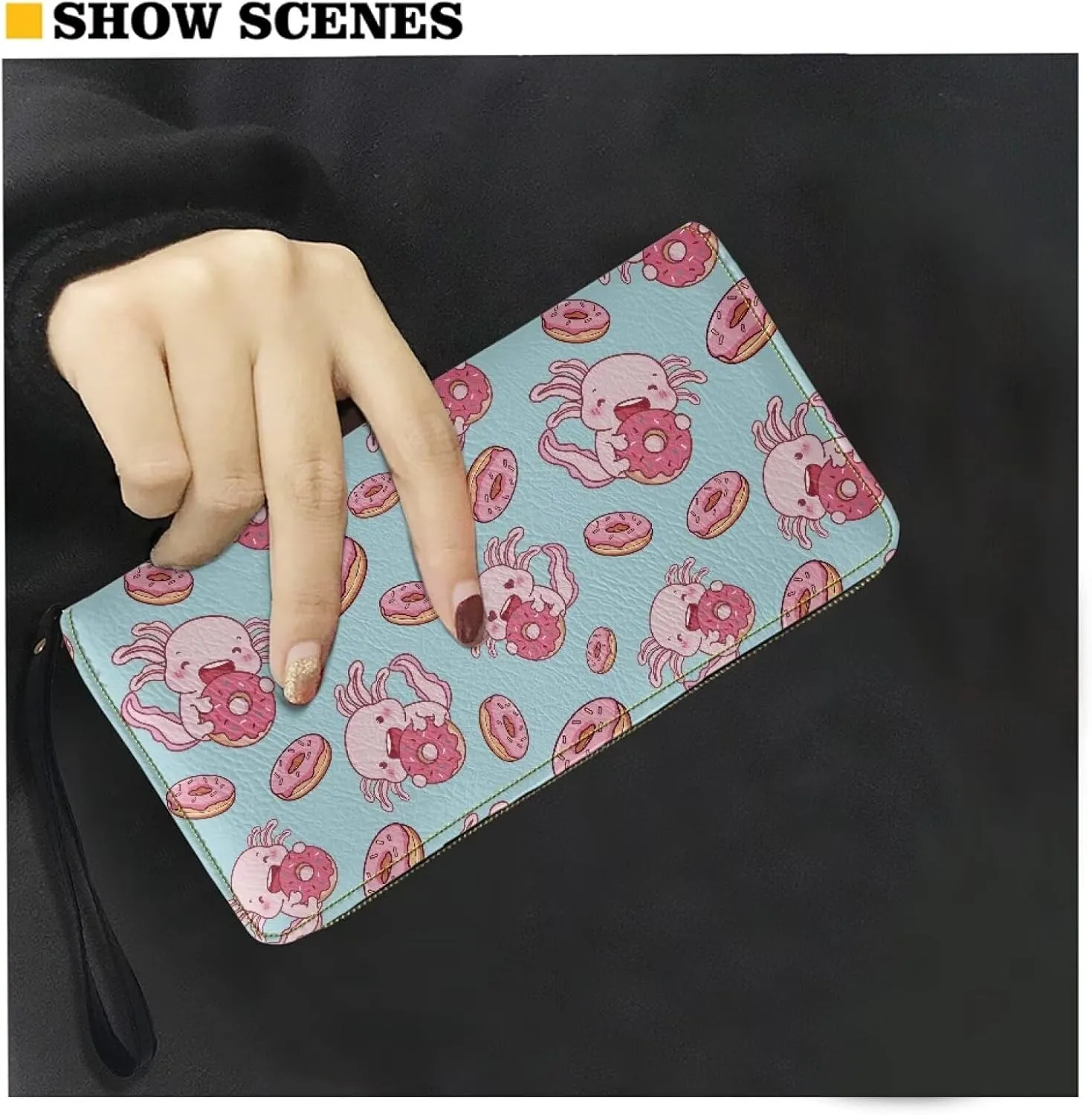 Long Wallet for Women with Wristlet Cute Pink Donut Axolotl Print Large Capacity Phone Holder Ladies Long Wallet for Shopping,Dating,Travel Zip Around Clutch Purse Card,Cash,Coin Pocket