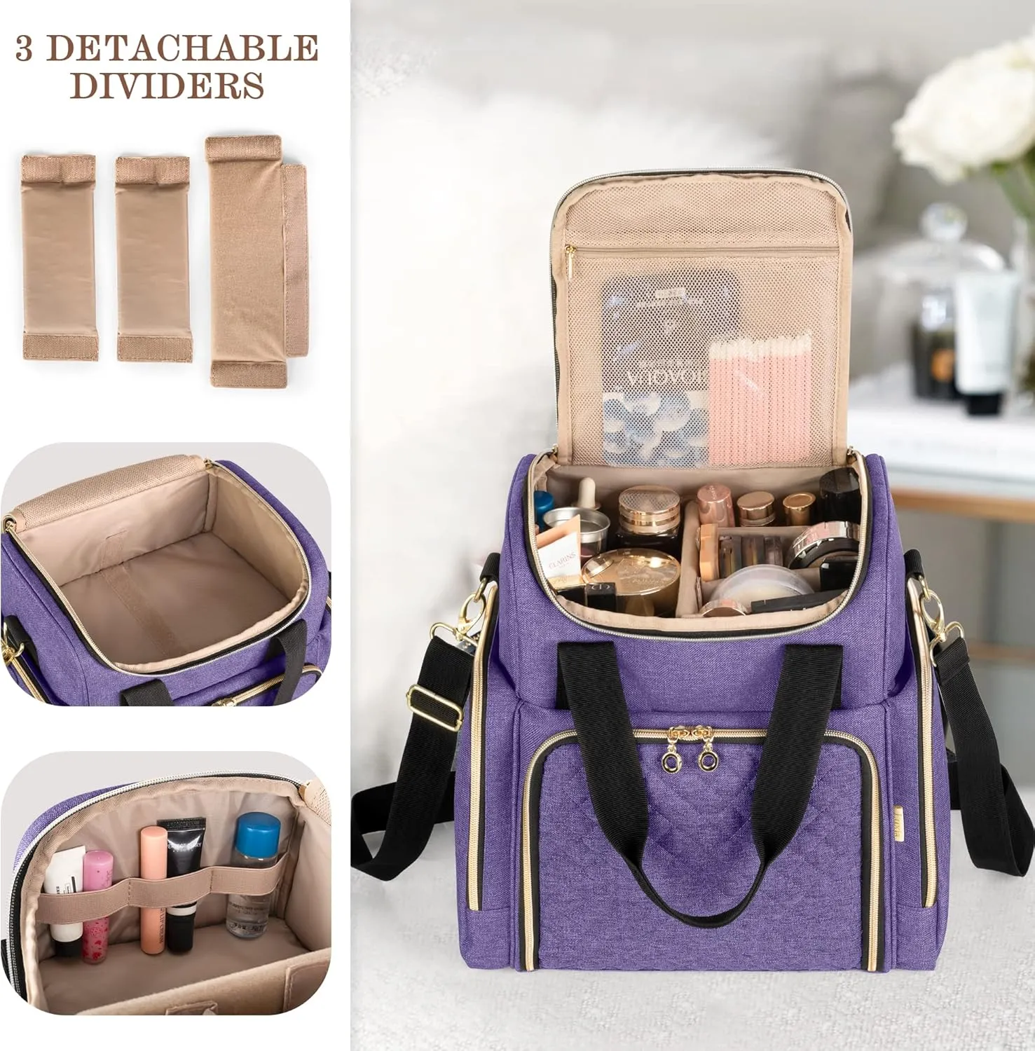 LUXJA Travel Makeup Bag with 2 Removable Cases, Cosmetic Bag with Multiple Storage Sections (Patent Pending), Purple
