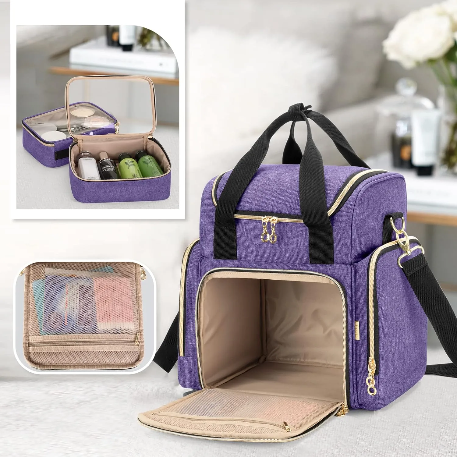 LUXJA Travel Makeup Bag with 2 Removable Cases, Cosmetic Bag with Multiple Storage Sections (Patent Pending), Purple