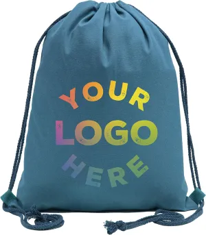 Mato & Hash Personalized Cotton Drawstring Backpacks, Your logo here Custom Cinch Sacks - Teal CE2725