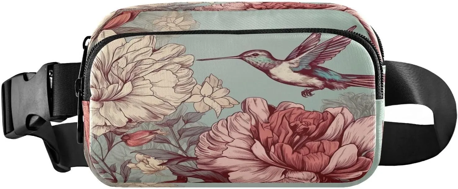 MCHIVER Hummingbirds Florals Flowers Fanny Pack for Women Men Crossbody Belt Bag Fashion Waist Packs Purse with Adjustable Strap Dupes for Running Hiking Cycling