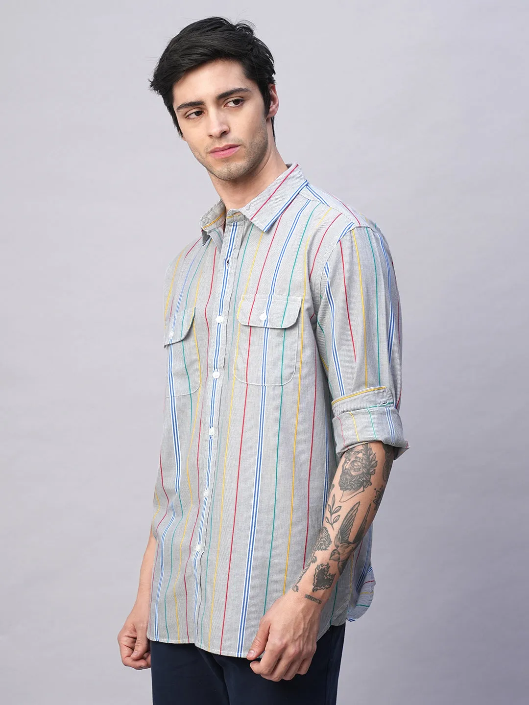 Men's Blue 100% Cotton Regular Fit 2 Pocket  Stripe Summer Shirt