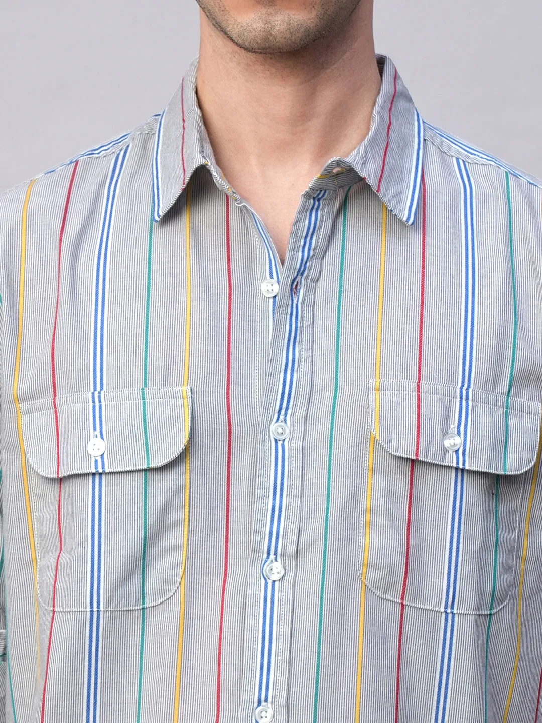 Men's Blue 100% Cotton Regular Fit 2 Pocket  Stripe Summer Shirt