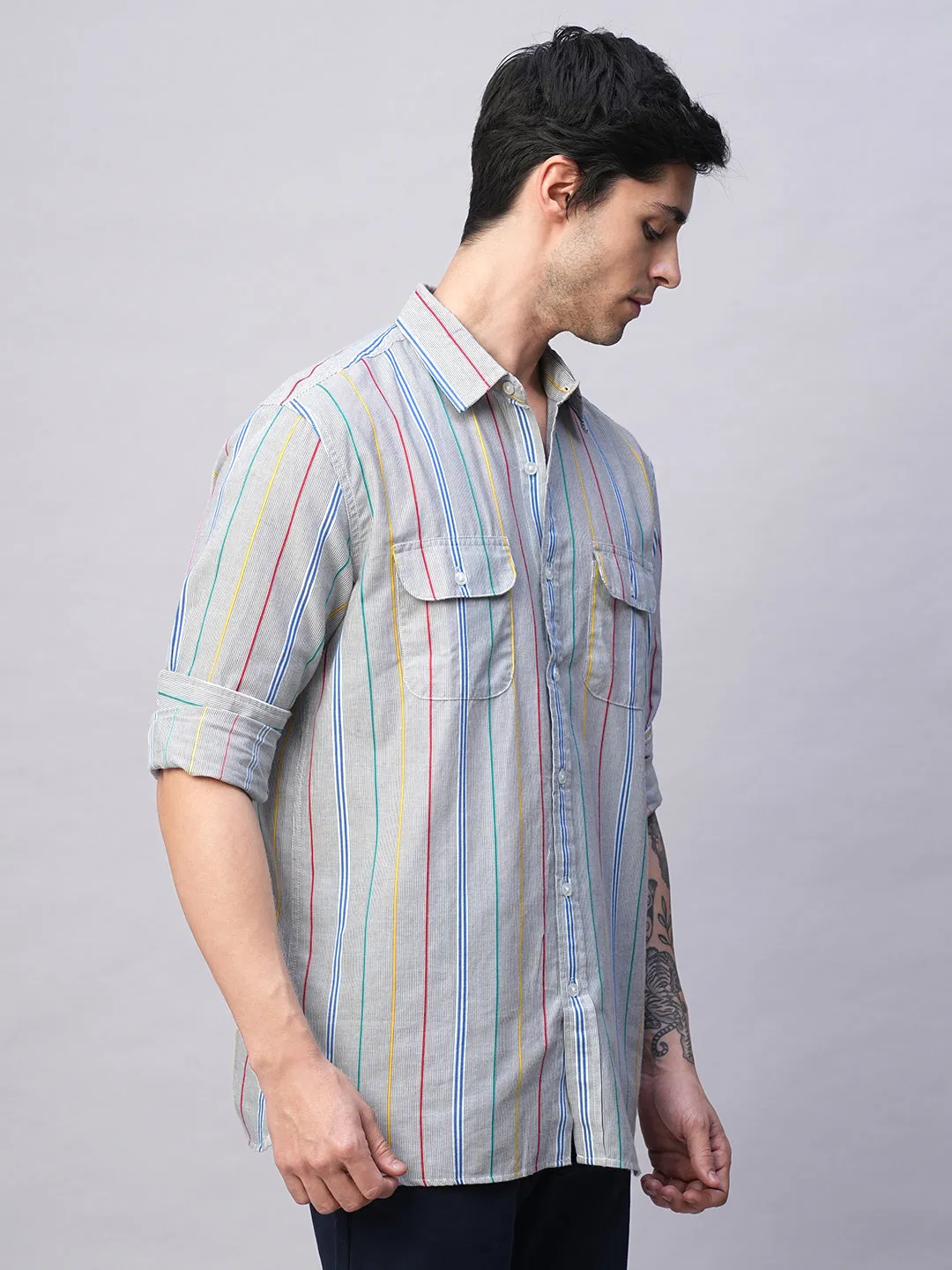 Men's Blue 100% Cotton Regular Fit 2 Pocket  Stripe Summer Shirt