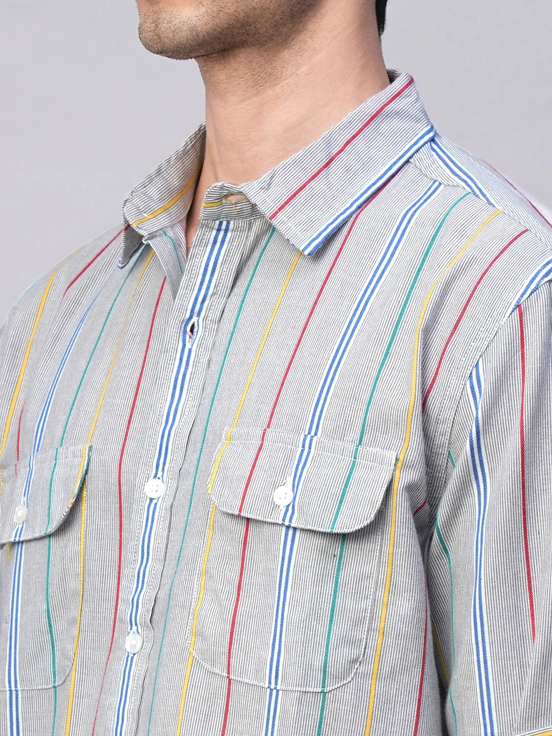 Men's Blue 100% Cotton Regular Fit 2 Pocket  Stripe Summer Shirt