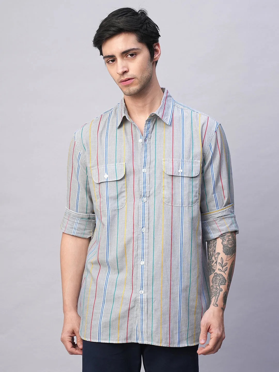 Men's Blue 100% Cotton Regular Fit 2 Pocket  Stripe Summer Shirt