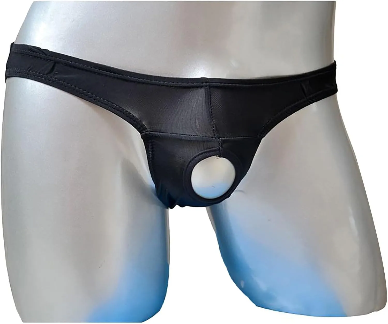 Men's Front Opening Fly Access Briefs Faux Leather Bulge Pouch Bikini G-String Thong Lingerie with Buckle Pouch