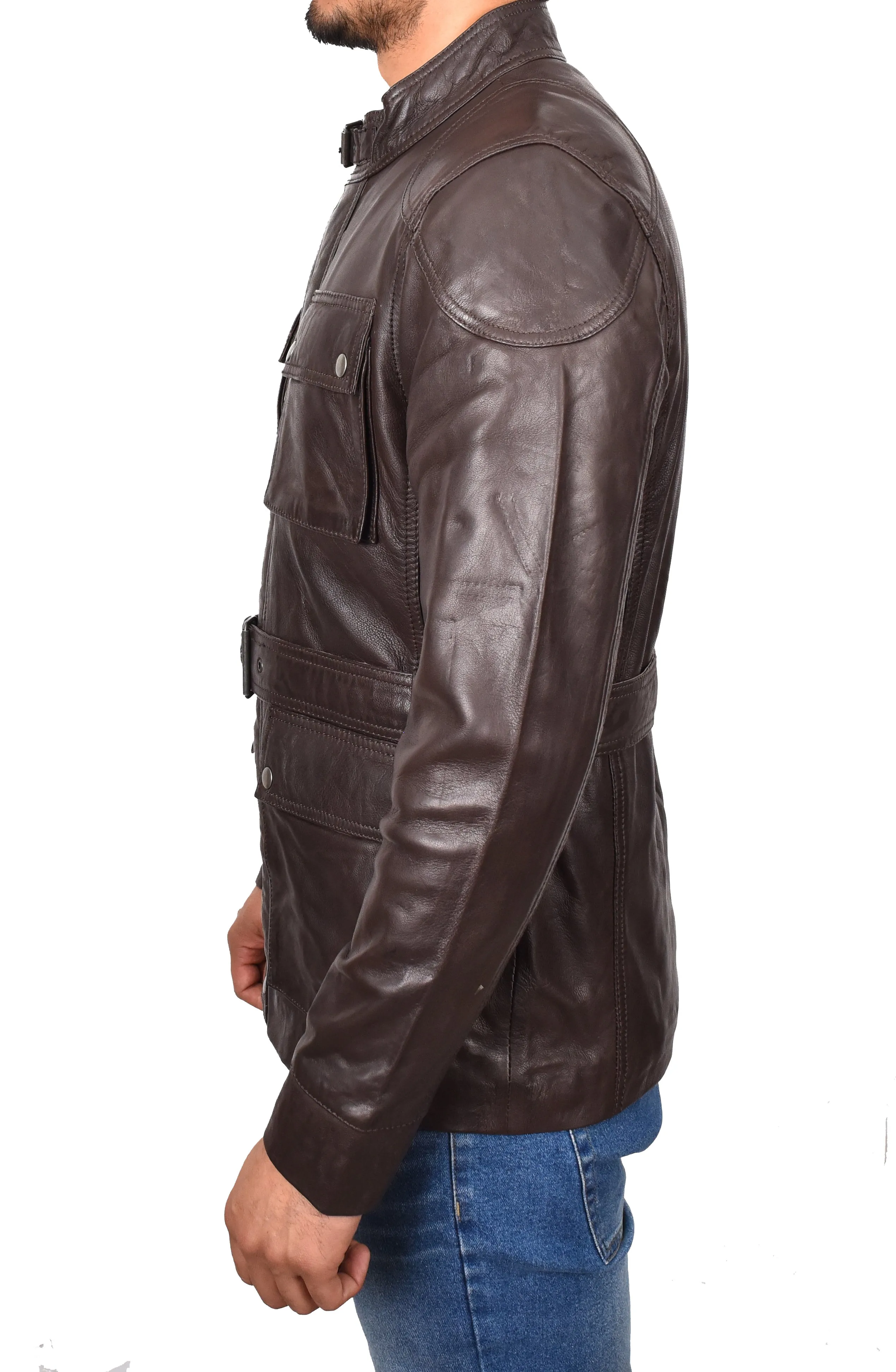 Men’s Leather Trendy Safari Jacket With Waist Belt Brown Sigvard