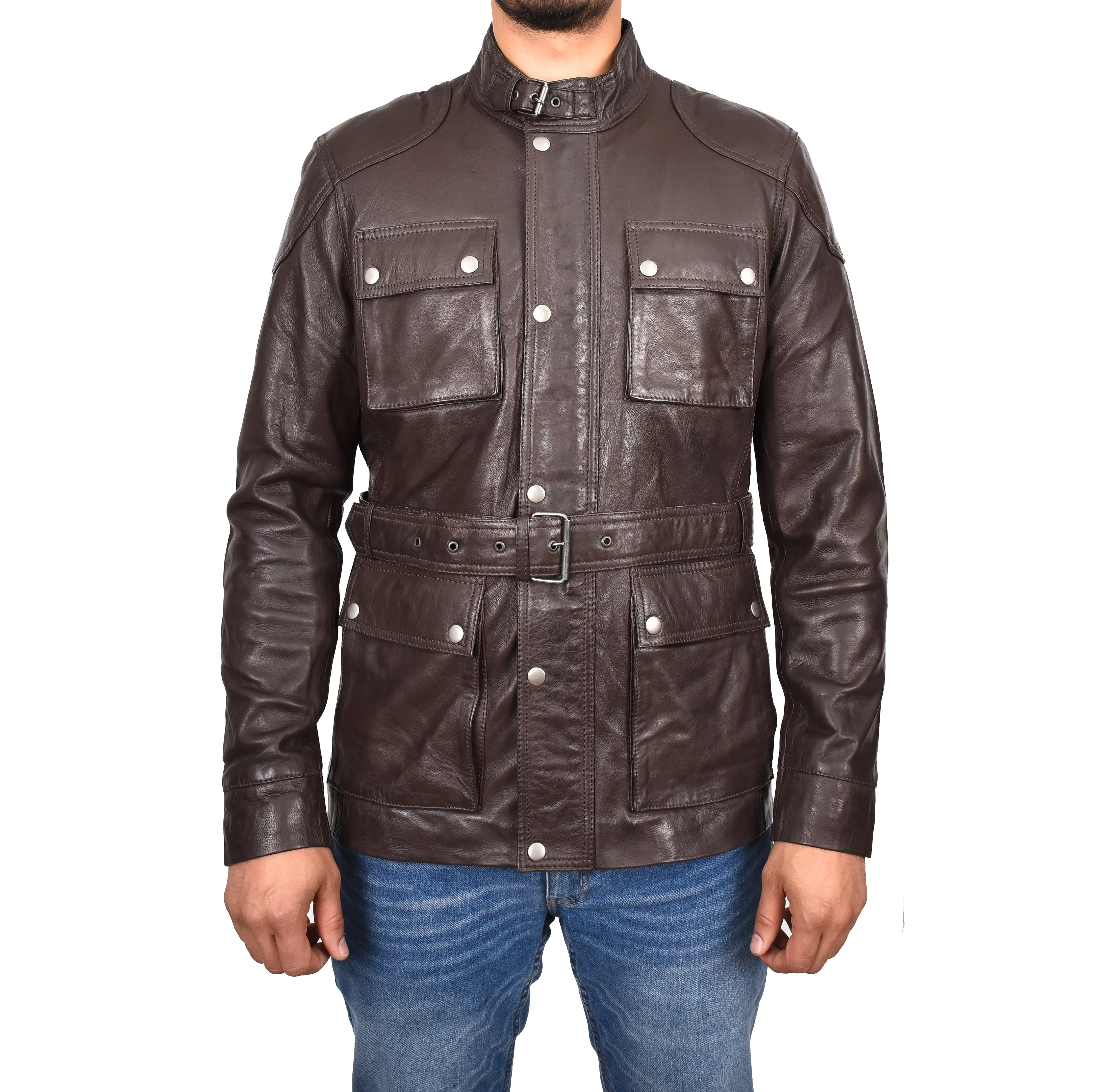 Men’s Leather Trendy Safari Jacket With Waist Belt Brown Sigvard