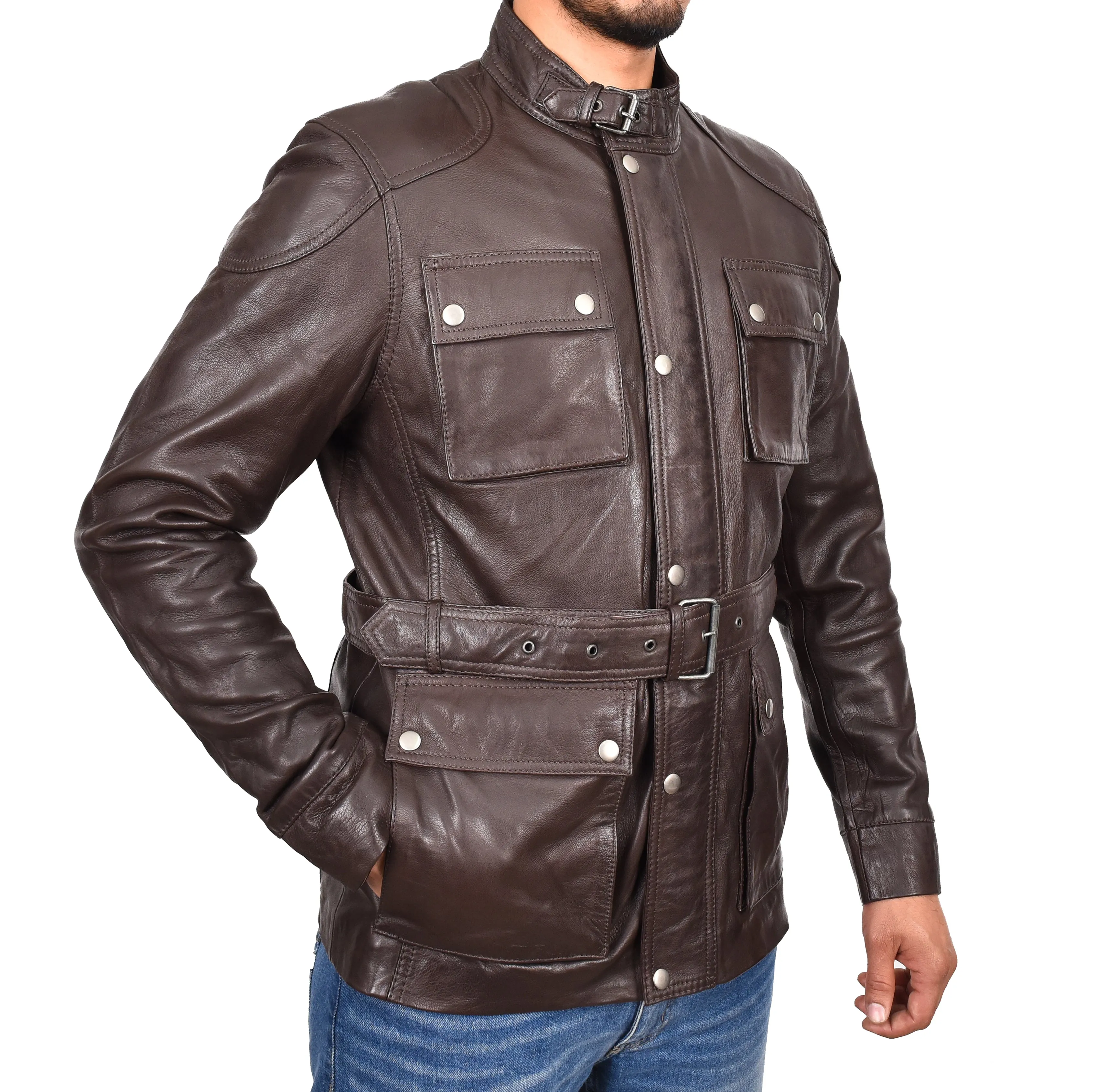 Men’s Leather Trendy Safari Jacket With Waist Belt Brown Sigvard
