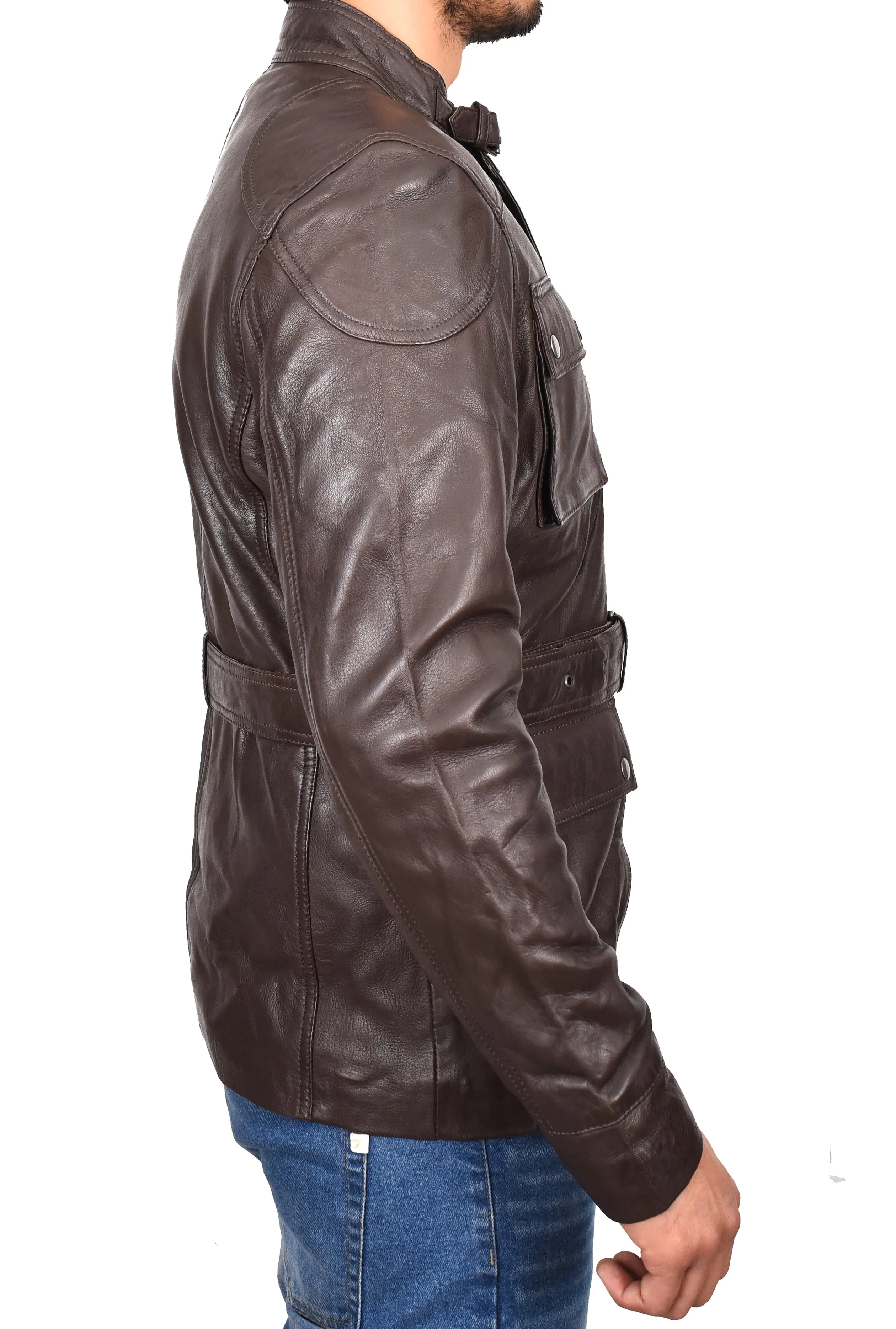 Men’s Leather Trendy Safari Jacket With Waist Belt Brown Sigvard