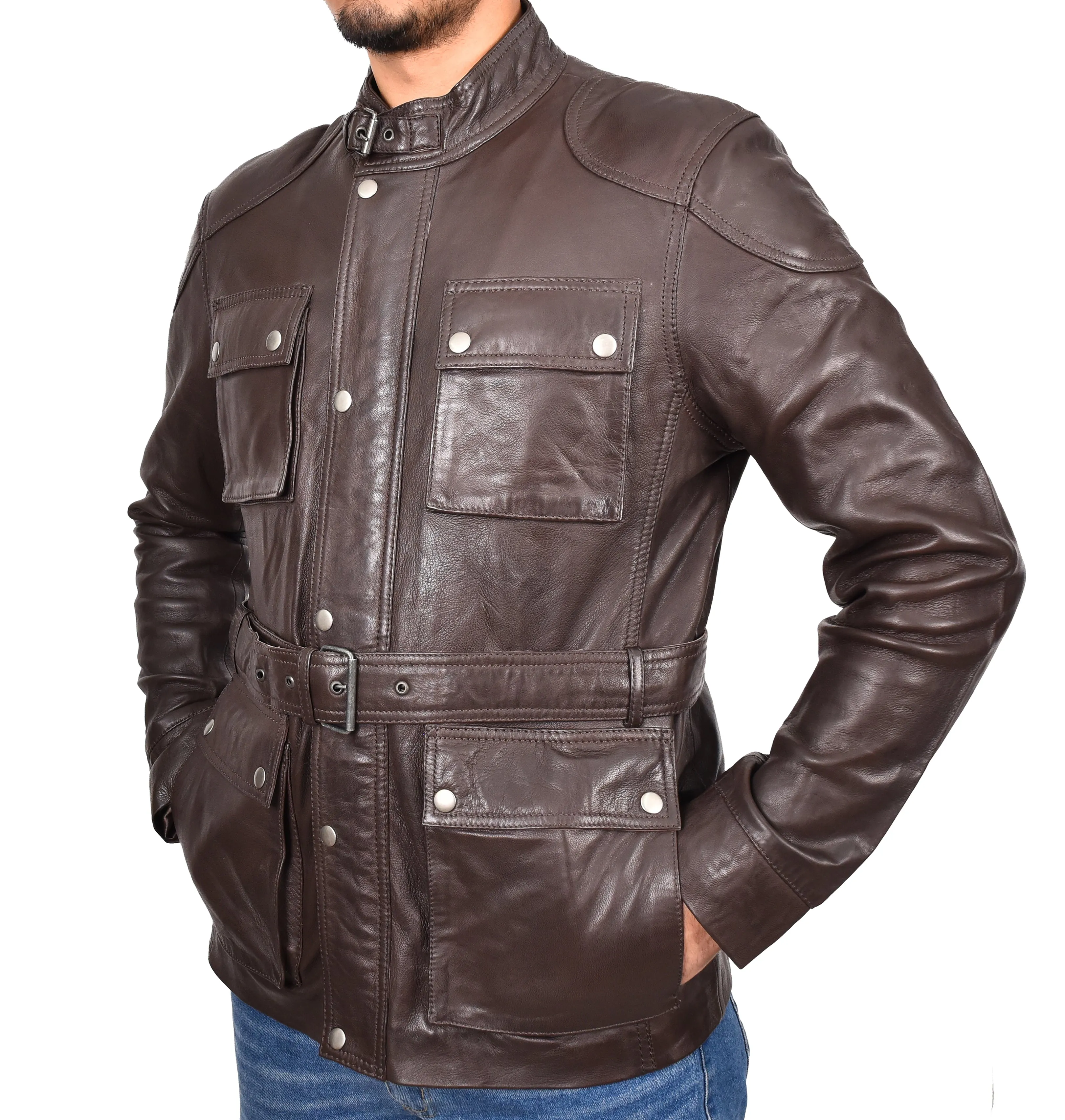 Men’s Leather Trendy Safari Jacket With Waist Belt Brown Sigvard