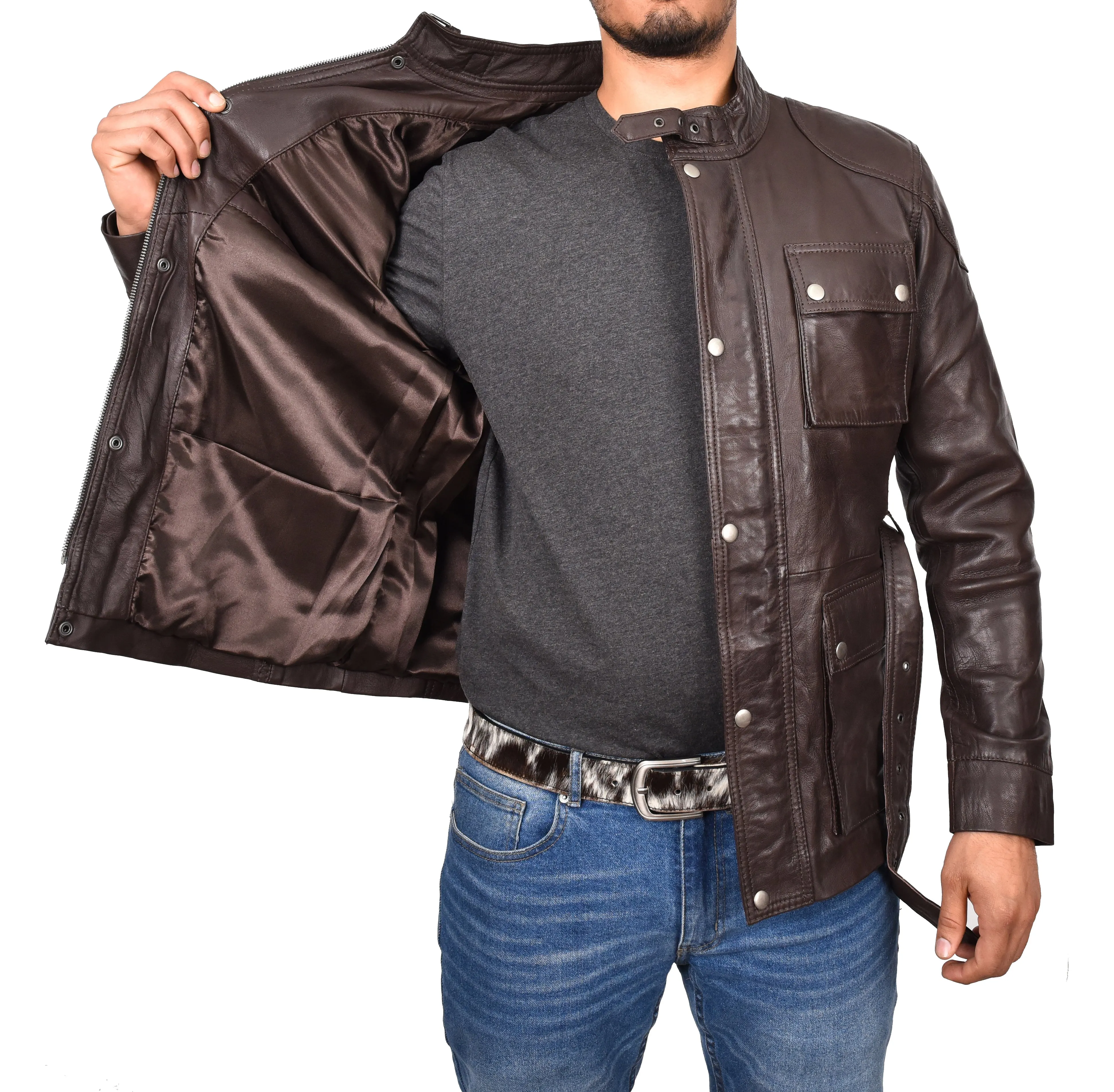 Men’s Leather Trendy Safari Jacket With Waist Belt Brown Sigvard