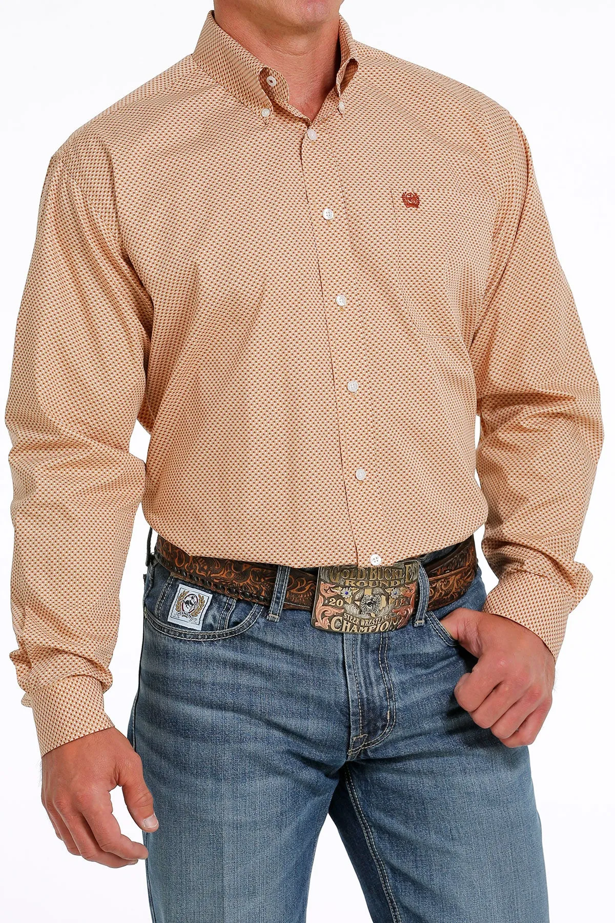 Men's Long Sleeve Peach Print Button Up