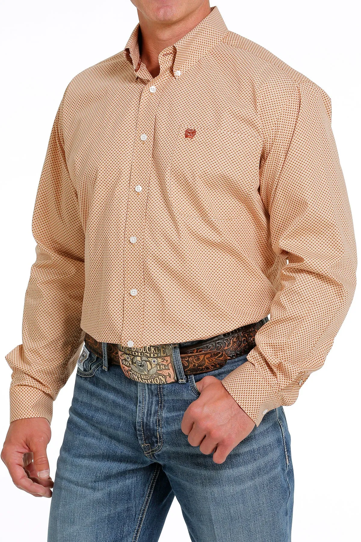Men's Long Sleeve Peach Print Button Up