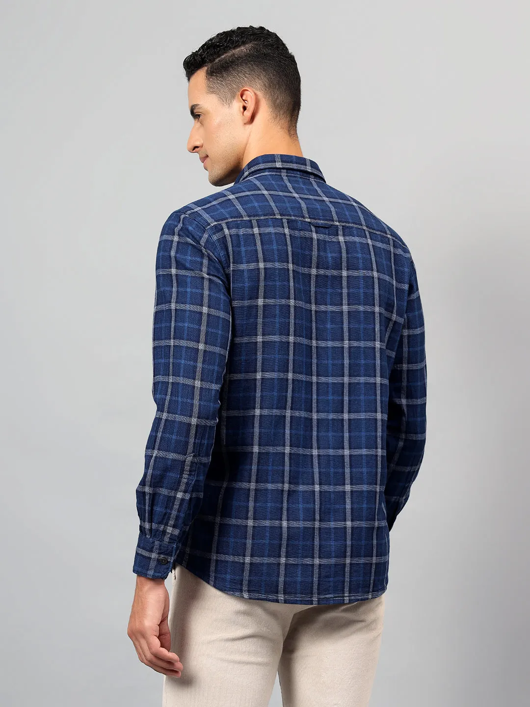 Men's Navy Blue Checked Full Sleeves Casual Shirt