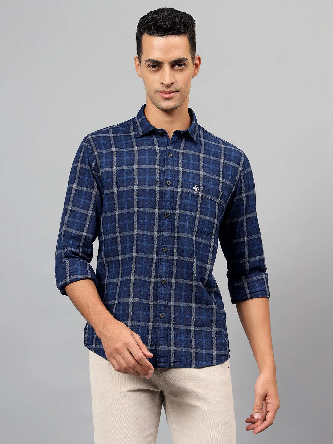 Men's Navy Blue Checked Full Sleeves Casual Shirt